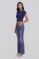 Cross Embroidered Pocket Flare Jeans