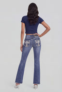 Cross Embroidered Pocket Flare Jeans
