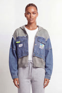 Barrel Sleeve Knit Deconstructed Denim Jacket