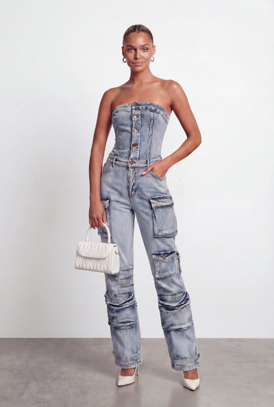 Kaiya Denim Strapless Utility Jumpsuit