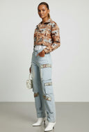 Dakota Jacquard Trim Wide-Leg Cargo Jeans