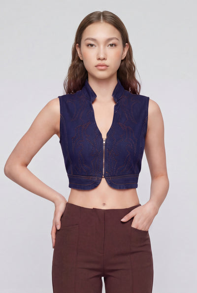 Western Embroidered Crop Denim Vest