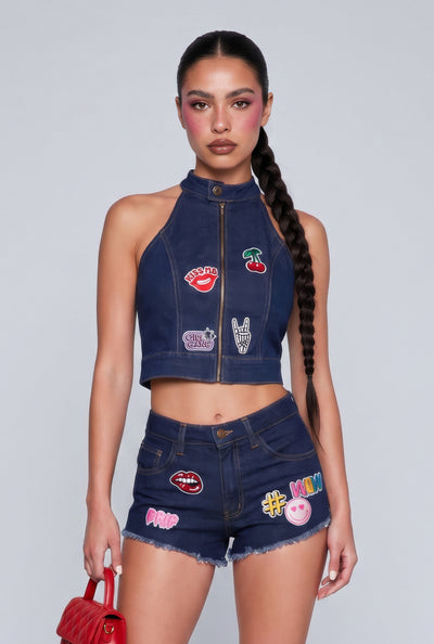Kiss Patch Denim Zip Crop Top