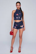 Kiss Patch Denim Zip Crop Top