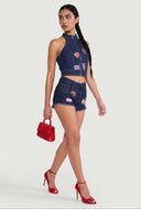 Kiss Patch Denim Zip Crop Top