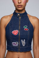 Kiss Patch Denim Zip Crop Top