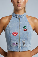 Kiss Patch Denim Zip Crop Top
