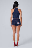 Kiss Patch Cut-Off Denim Shorts