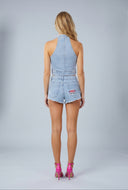 Kiss Patch Cut-Off Denim Shorts