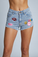 Kiss Patch Cut-Off Denim Shorts