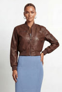 Leather Ribbed Trim Bomber Jacket