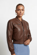 Leather Ribbed Trim Bomber Jacket