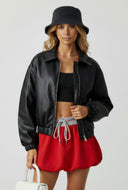 Faux Leather Zip Collared Bomber Jacket