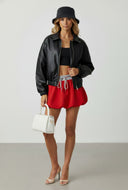 Faux Leather Zip Collared Bomber Jacket