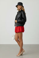 Faux Leather Zip Collared Bomber Jacket