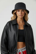 Faux Leather Zip Collared Bomber Jacket