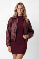 Faux Leather Zip Collared Bomber Jacket