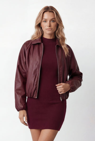 Faux Leather Zip Collared Bomber Jacket