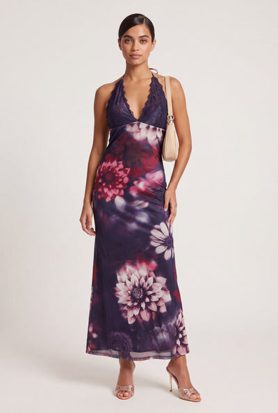 Floral Mesh Halter Mermaid Dress
