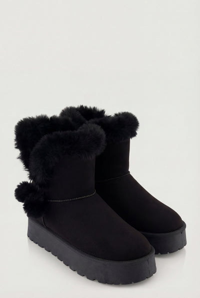 Pom Poms Faux Suede Platform Winter Boots
