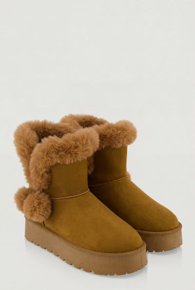 Pom Poms Faux Suede Platform Winter Boots