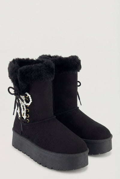 Pearl Bow Lace-Up Winter Boots