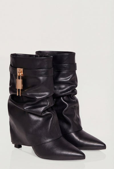 Metallic Lock Fold Over Stiletto Ankle Booties