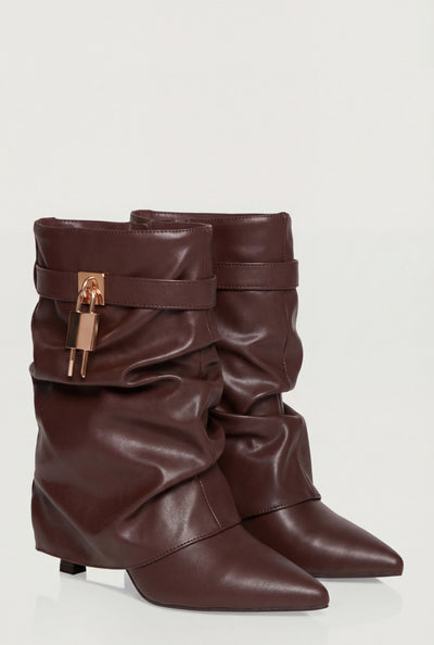 Metallic Lock Fold Over Stiletto Ankle Booties