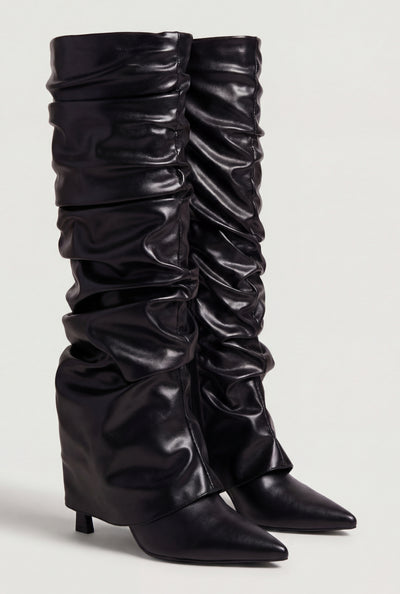 Fold Over Knee High Pointy Toe Slouch Boots