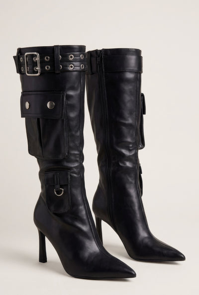 Stiletto Buckle Cargo Mid Calf Boots