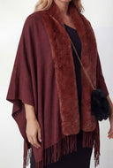 Fringe Faux Fur Collar Ruana