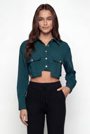 Metallic Button Cropped Pocket Hem Shirt