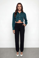 Metallic Button Cropped Pocket Hem Shirt