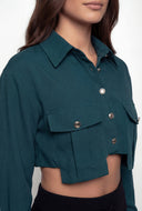 Metallic Button Cropped Pocket Hem Shirt