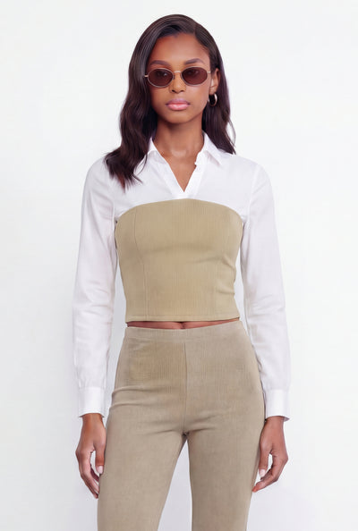 Layered Look Crepe Knit Crop Corset Shirt