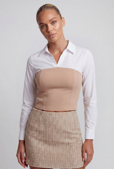 Layered Look Crepe Knit Crop Corset Shirt