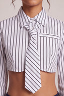 Striped Neck Tie Crop Shirt