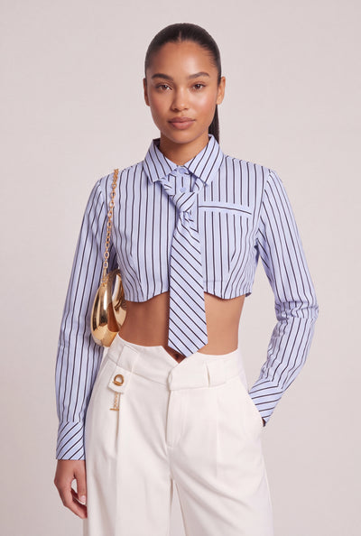 Striped Neck Tie Crop Shirt