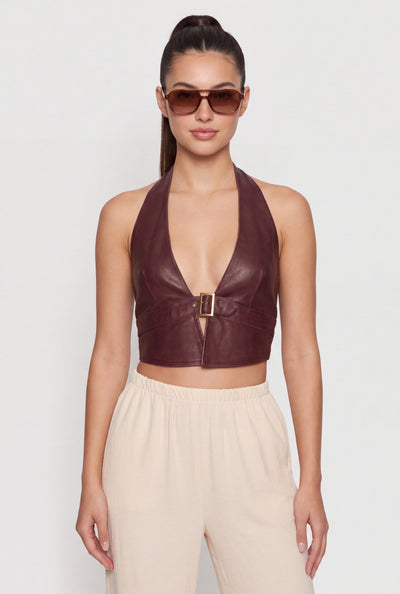 Vegan Leather Buckle Halter Top