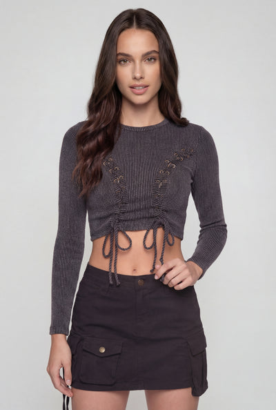 Grommet Detail Drawstring Front Crop Top
