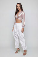 Plunge Twist Front Metallic Crop Top