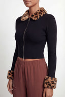 Kaia Leopard Faux Fur Trim Crop Top