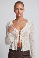 Jolie Floral Lace Tie Front Ruffle Detail Top