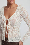 Jolie Floral Lace Tie Front Ruffle Detail Top