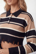 Clara Striped Frayed Crop Polo Sweater