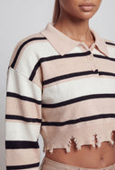 Clara Striped Frayed Crop Polo Sweater