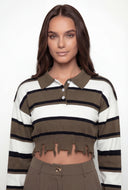 Clara Striped Frayed Crop Polo Sweater