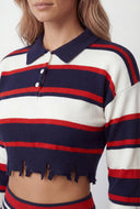 Clara Striped Frayed Crop Polo Sweater