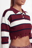 Clara Striped Frayed Crop Polo Sweater