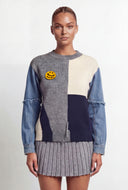 Color Block Knit Denim Sleeve Sweater